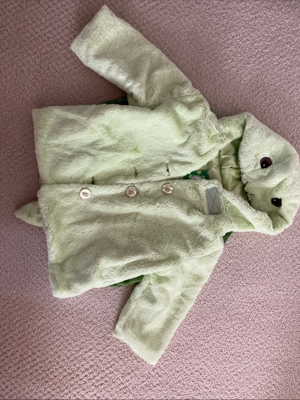 Light Green Plush Hooded Kids Pea Coat with Animal Detail